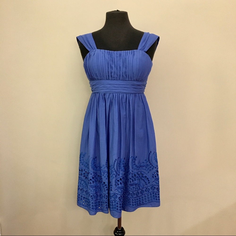 SL FASHIONS Embroidered Blue Ruched Sleeveless Dress Women’s 6P Small